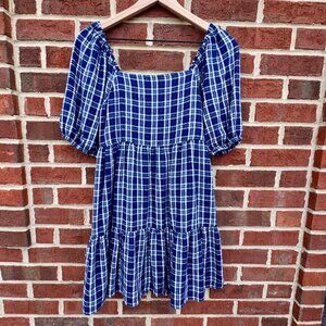 American Eagle Tiered Babydoll Mini Dress Small Navy White Plaid Puff Sleeve